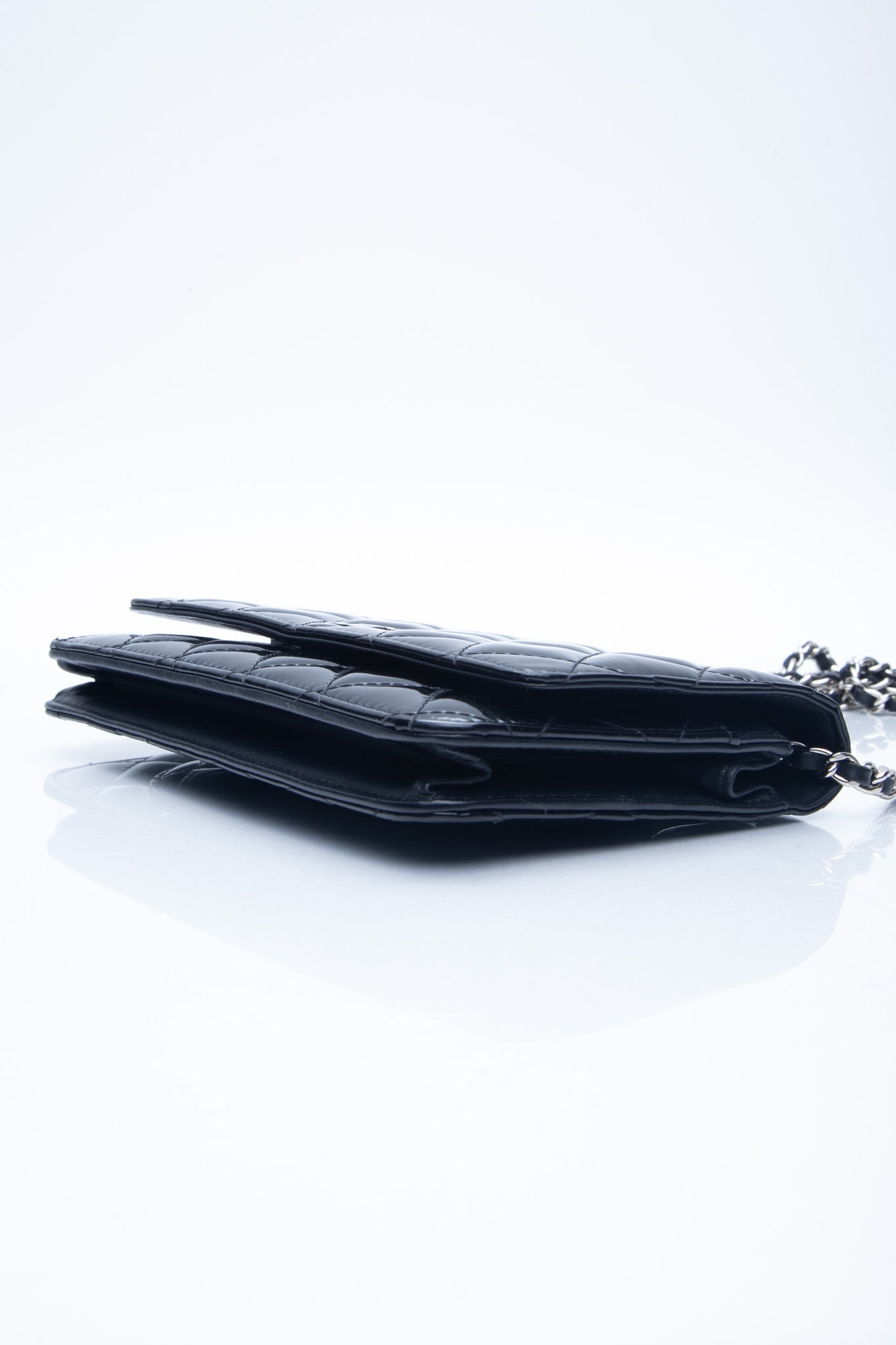 CHANEL Black Patent Leather Quilted Wallet On Chain WOC