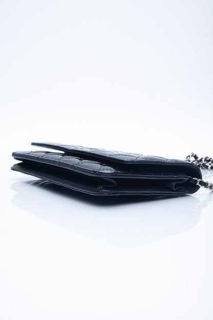 CHANEL Black Patent Leather Quilted Wallet On Chain WOC