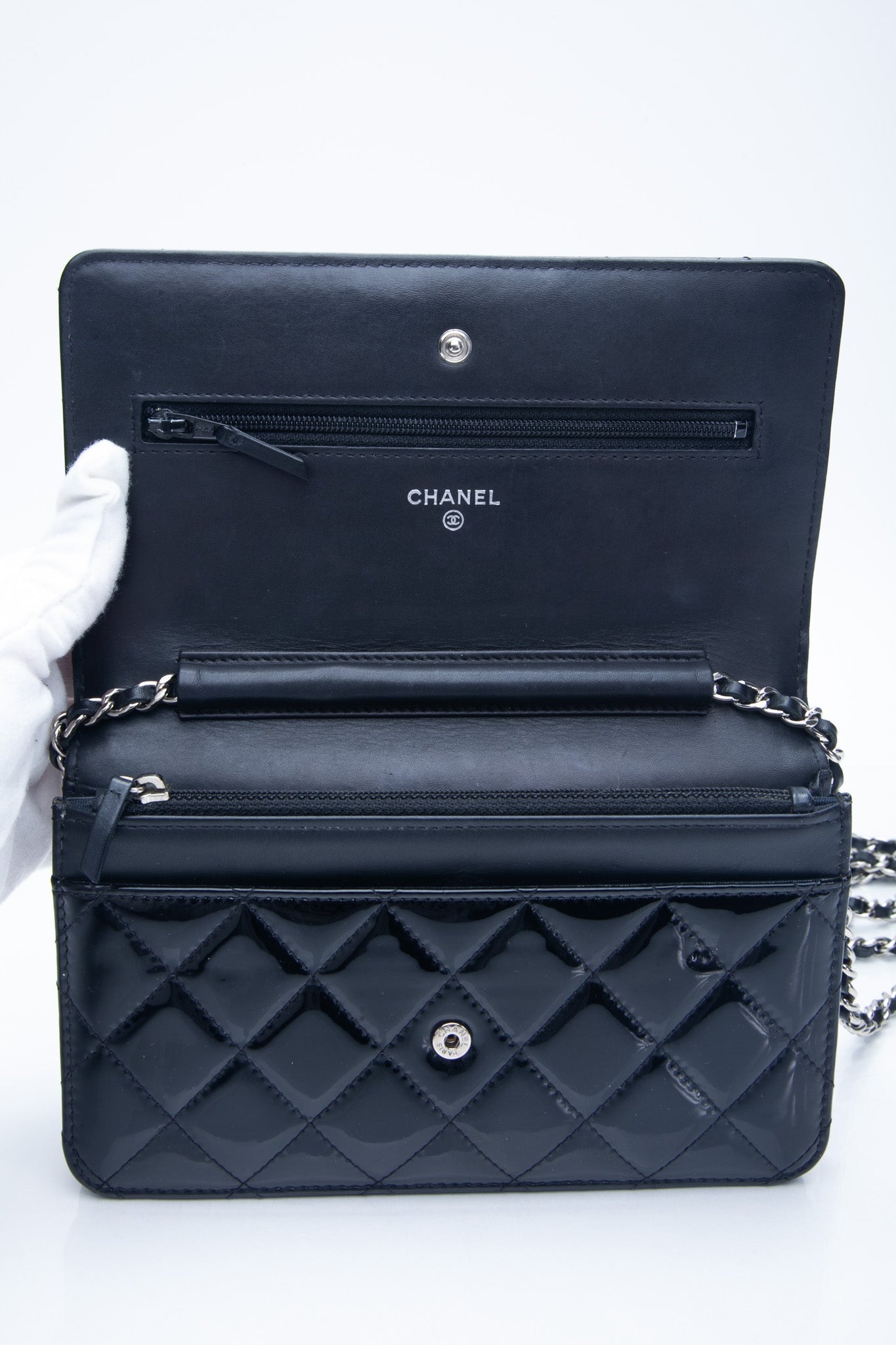 CHANEL Black Patent Leather Quilted Wallet On Chain WOC