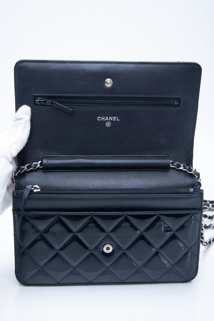 CHANEL Black Patent Leather Quilted Wallet On Chain WOC