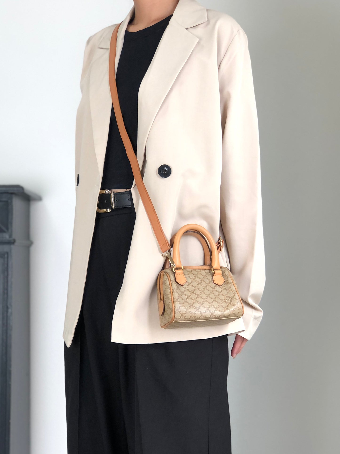 CELINE Macadam Two-way Small Handbag Shoulder bag Beige Vintage ecy7xt