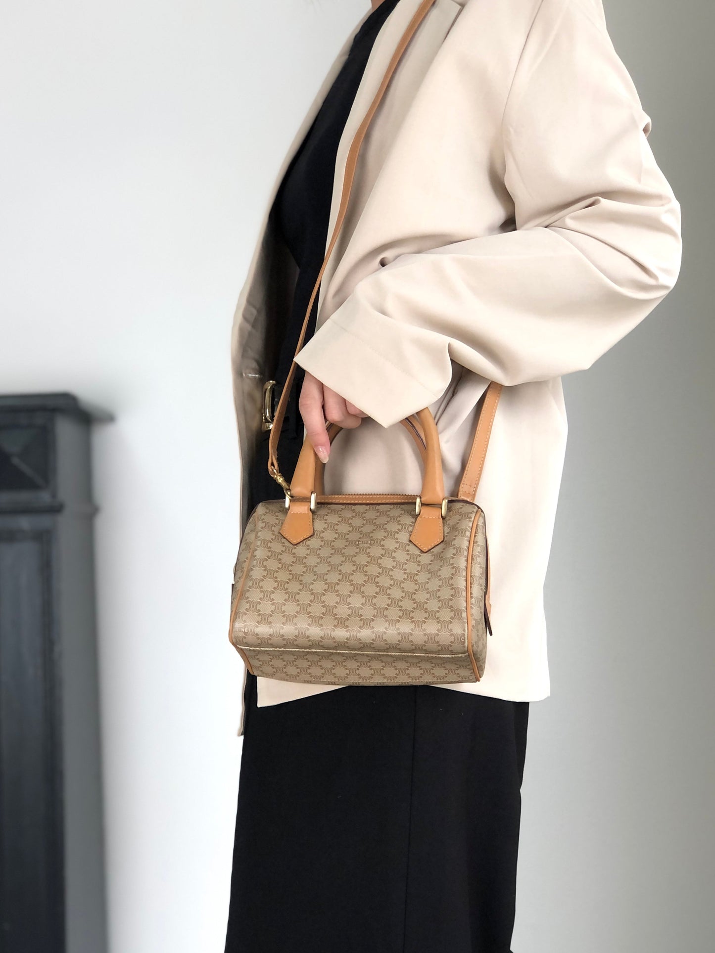 CELINE Macadam Two-way Small Handbag Shoulder bag Beige Vintage v4cuzg