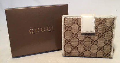 Gucci GG Monogram and Beige Leather Wallet with Zip Pocket and Box