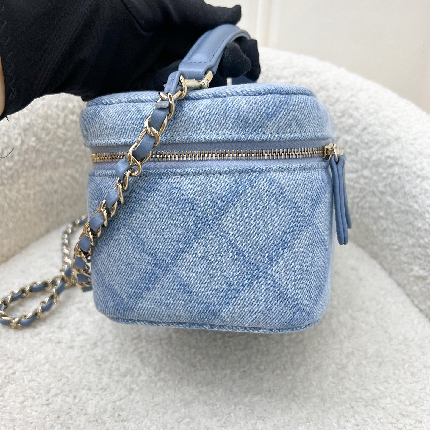 Chanel 22B Cheer for Chanel Vanity Case with Top Handle in Light Blue Denim Fabric and LGHW (Model: AS3171)