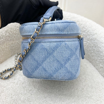 Chanel 22B Cheer for Chanel Vanity Case with Top Handle in Light Blue Denim Fabric and LGHW (Model: AS3171)