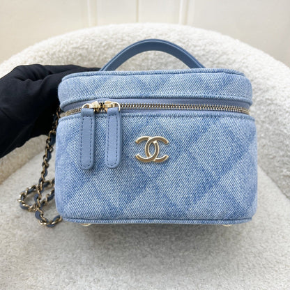 Chanel 22B Cheer for Chanel Vanity Case with Top Handle in Light Blue Denim Fabric and LGHW (Model: AS3171)