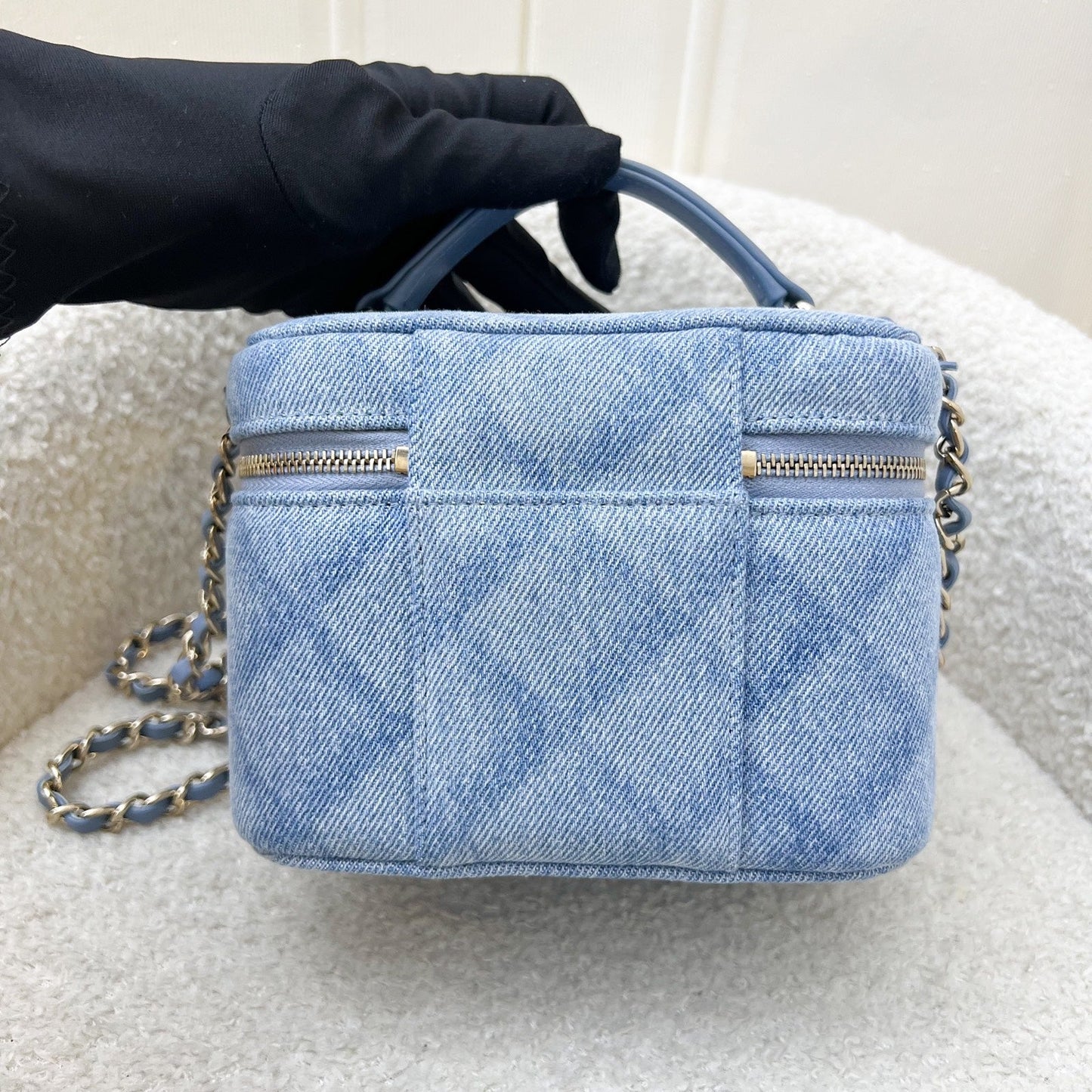 Chanel 22B Cheer for Chanel Vanity Case with Top Handle in Light Blue Denim Fabric and LGHW (Model: AS3171)