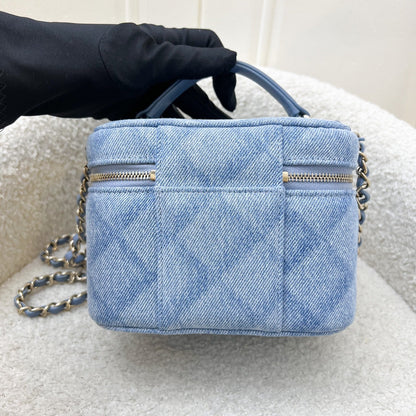 Chanel 22B Cheer for Chanel Vanity Case with Top Handle in Light Blue Denim Fabric and LGHW (Model: AS3171)