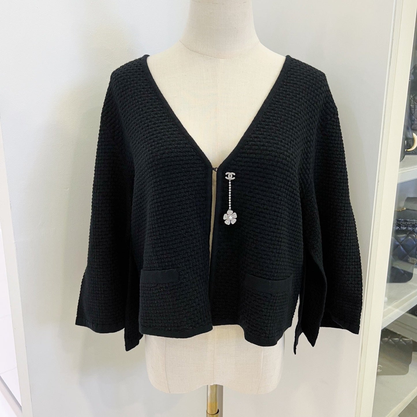 Chanel 25P Cape Cardigan in Black Viscose and Cashmere Sz 38 (Model: P79240)