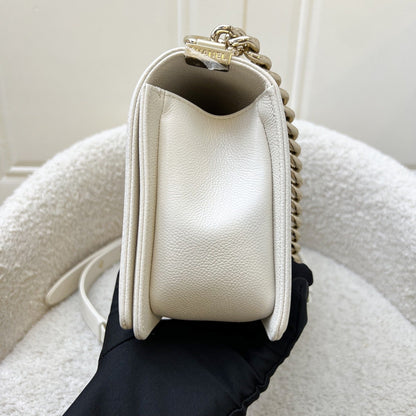 Chanel Medium 25cm Boy Flap in Chevron Quilted White Caviar and Shiny GHW