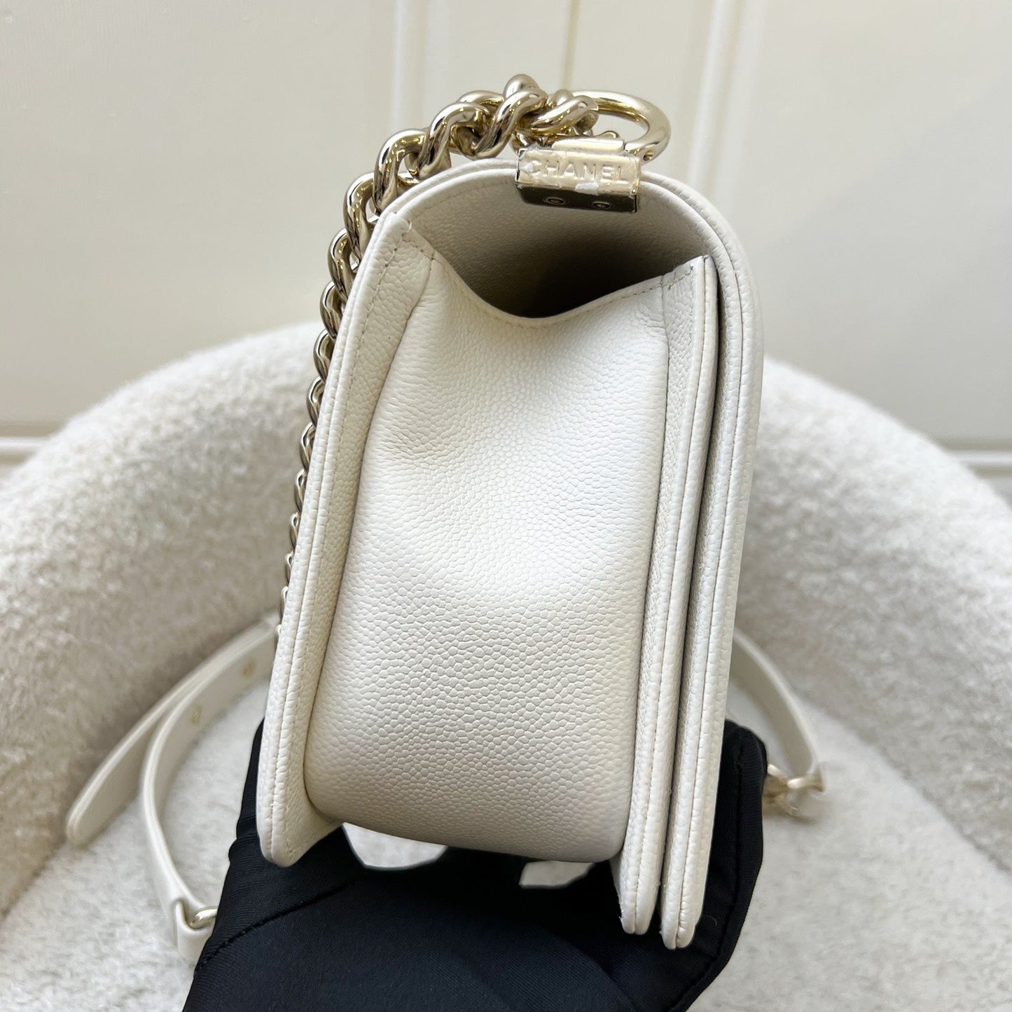 Chanel Medium 25cm Boy Flap in Chevron Quilted White Caviar and Shiny GHW