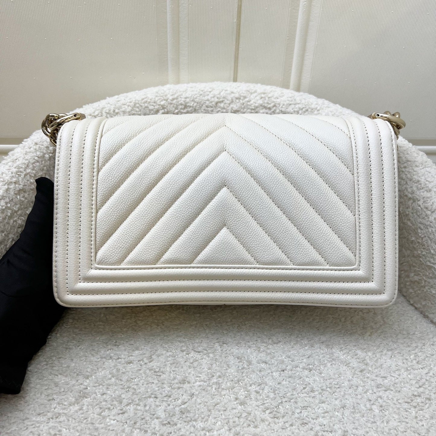 Chanel Medium 25cm Boy Flap in Chevron Quilted White Caviar and Shiny GHW
