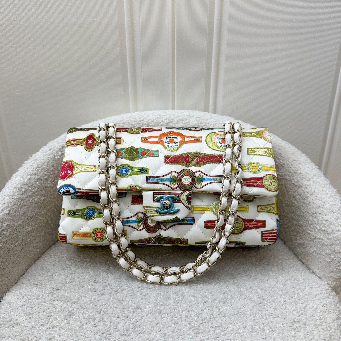 Chanel Medium Classic Flap CF Limited Edition Cuba in Printed White Fabric and LGHW