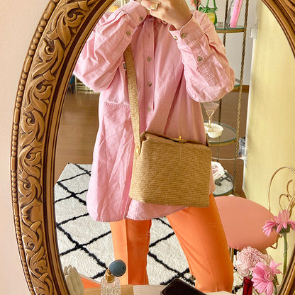 Chanel Around 1992 Made Straw Turn-Lock Shoulder Bag Beige