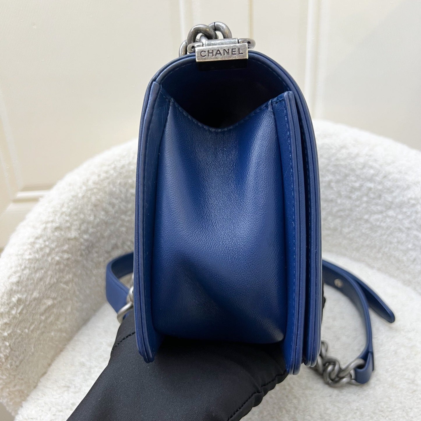Chanel Medium 25cm Boy Flap in Chevron Quilted Crumpled Blue Leather and RHW