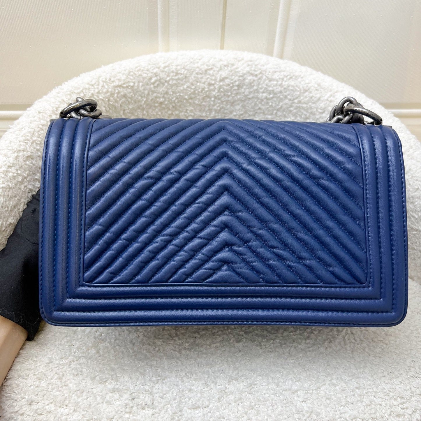 Chanel Medium 25cm Boy Flap in Chevron Quilted Crumpled Blue Leather and RHW