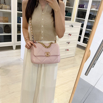 Chanel 19 Small Flap in 21S Rose Clair Light Pink Lambskin and 3-tone HW
