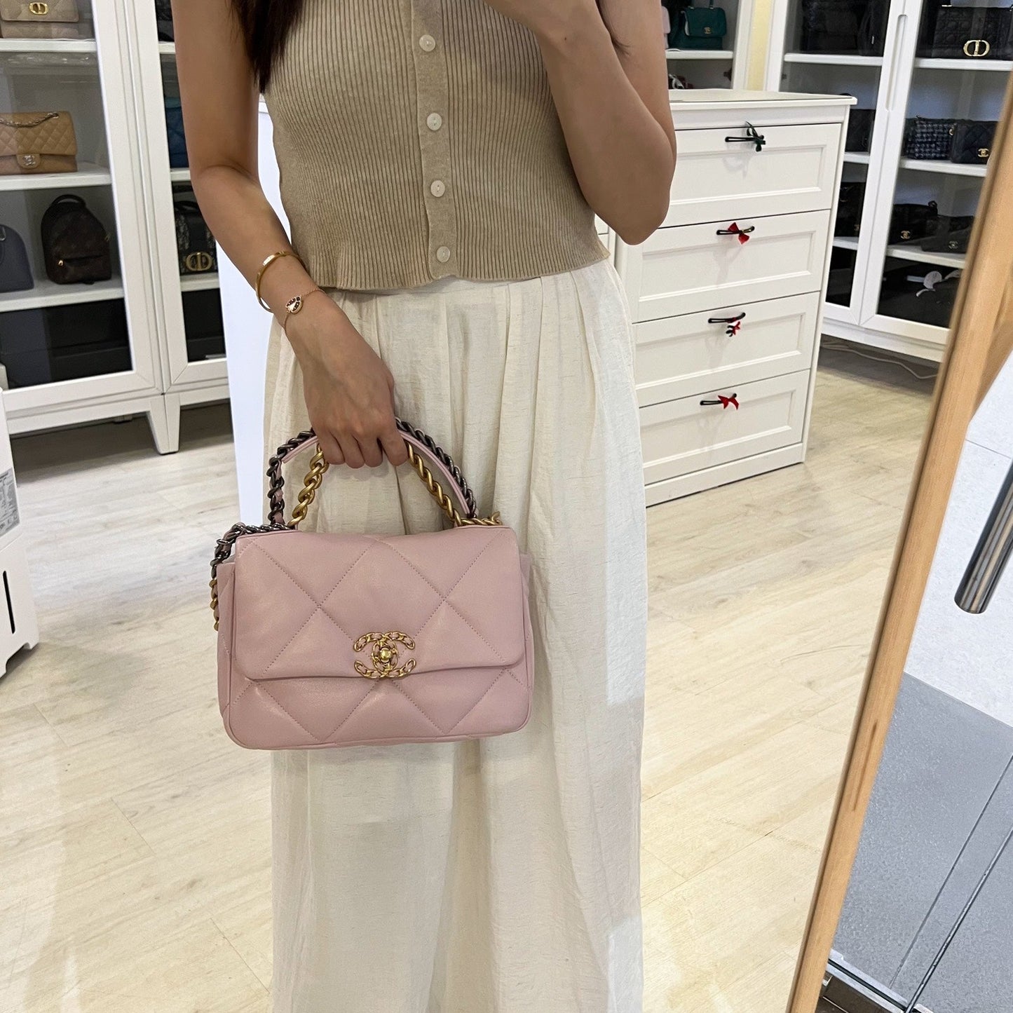 Chanel 19 Small Flap in 21S Rose Clair Light Pink Lambskin and 3-tone HW