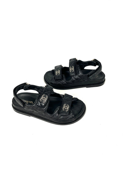 CHANEL Dad Caviar CC Logo Black Leather Sandals 37, 6.5