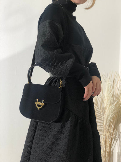 CELINE Horseshoe Suede Leather Two-way Handbag Shoulder bag Black Vintage 47tmub
