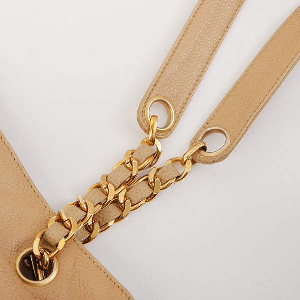 Chanel Around 1995 Made Caviar Skin Turn-Lock Tote Bag Beige