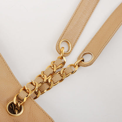 Chanel Around 1995 Made Caviar Skin Turn-Lock Tote Bag Beige