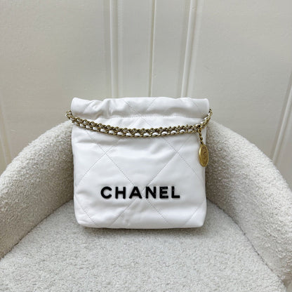 Chanel 22 Mini Hobo Bag in White Calfskin and GHW with Black Logo