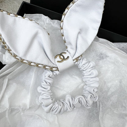 Chanel Hair Scrunchie Tie in White Lambskin and LGHW