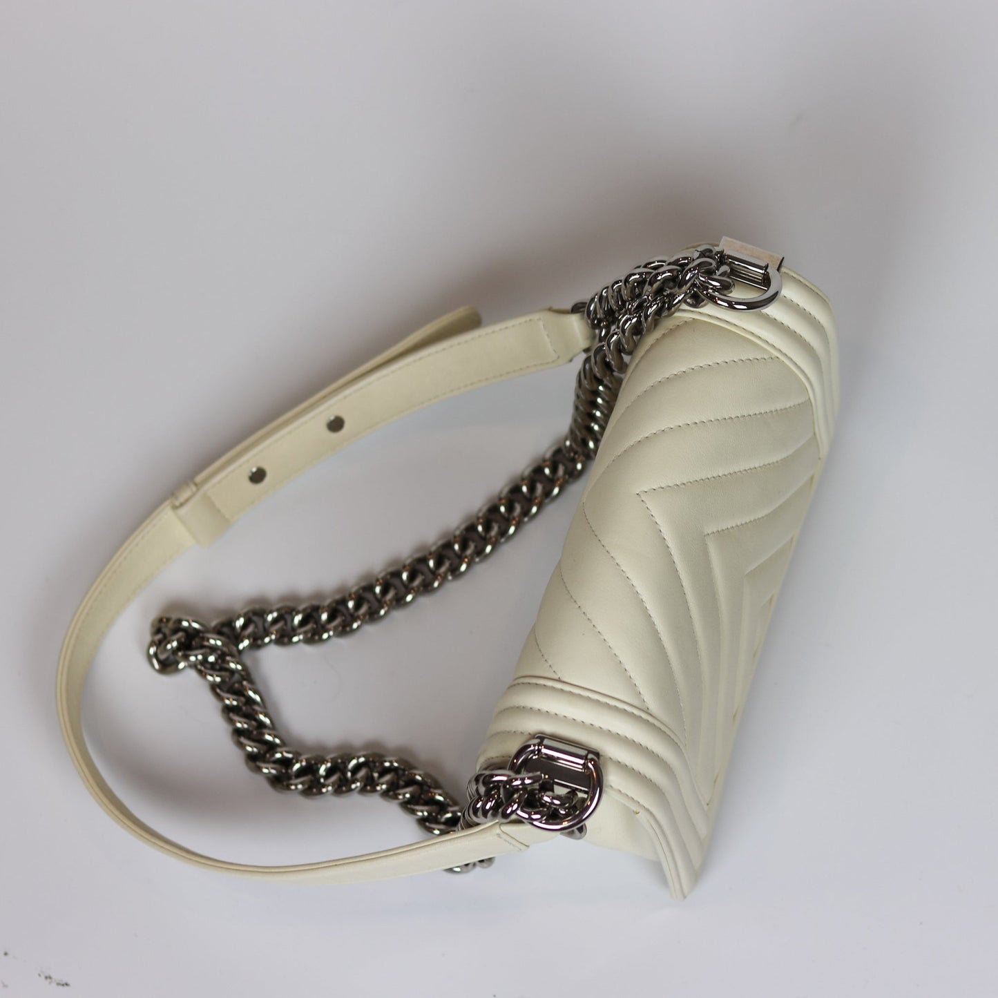Chevron Quilted Small Boy Off White Calfskin with SHW