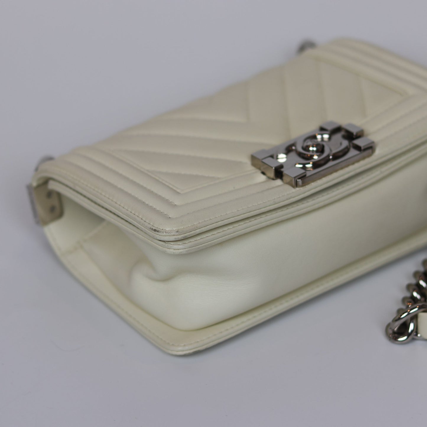 Chevron Quilted Small Boy Off White Calfskin with SHW