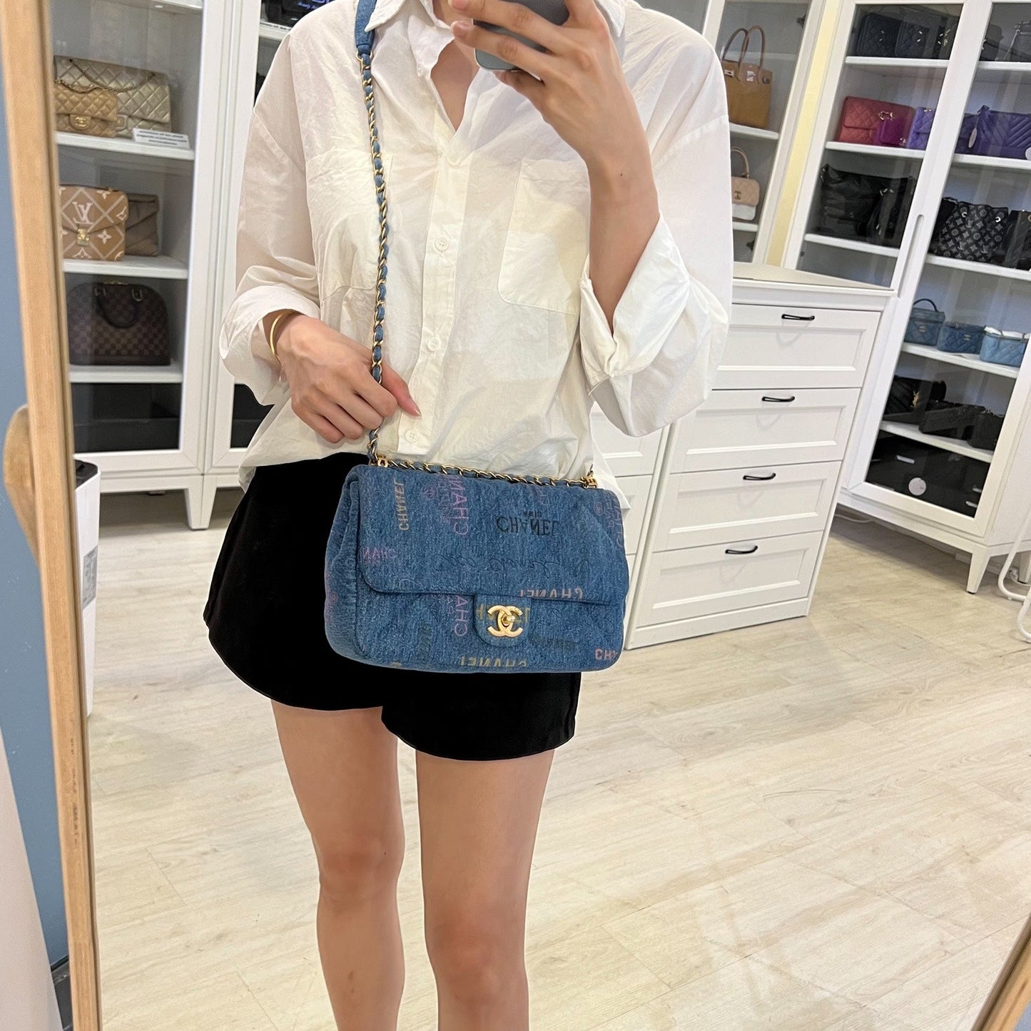 Chanel 22P Denim Mood Medium Flap Bag in Blue Printed Denim and AGHW