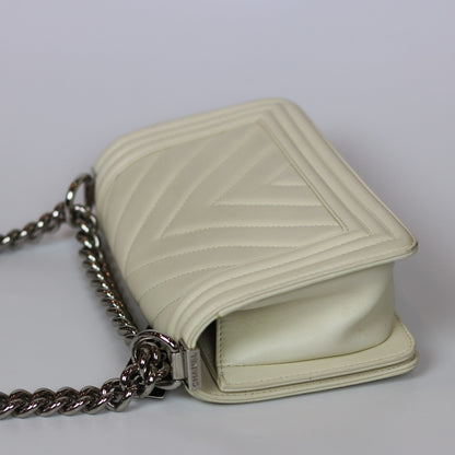 Chevron Quilted Small Boy Off White Calfskin with SHW