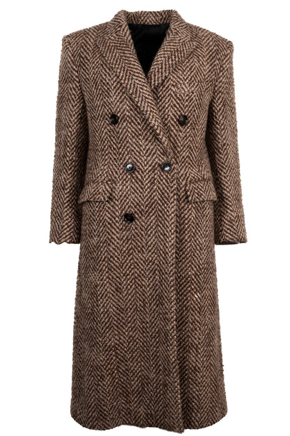CELINE Double Breasted Herringbone Coat Brown