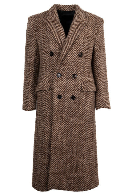 CELINE Double Breasted Herringbone Coat Brown