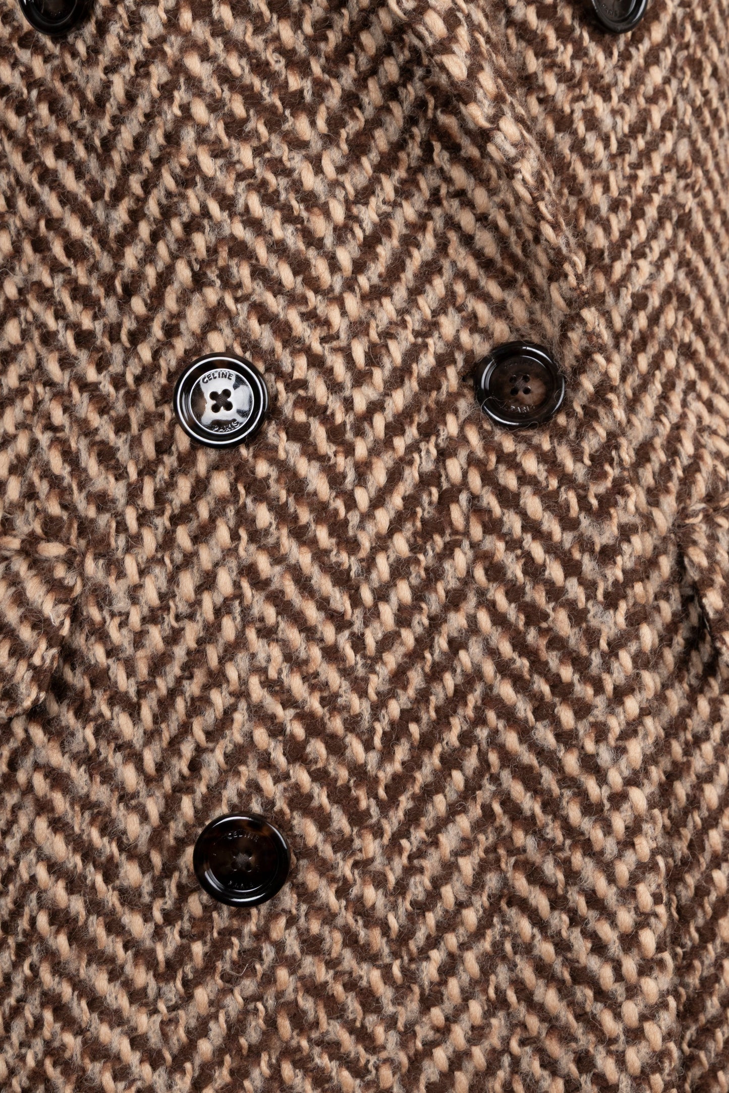 CELINE Double Breasted Herringbone Coat Brown