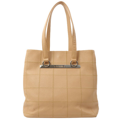 Chanel Around 2006 Made Caviar Skin Chocolate Bar Cut-Out Logo Plate Shoulder Bag Smoky Beige