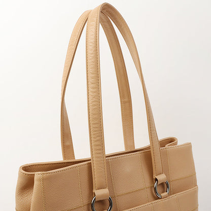 Chanel Around 2006 Made Caviar Skin Chocolate Bar Cut-Out Logo Plate Shoulder Bag Smoky Beige