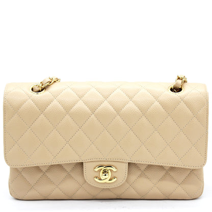 Beige Quilted Caviar Leather Classic Double Flap Bag