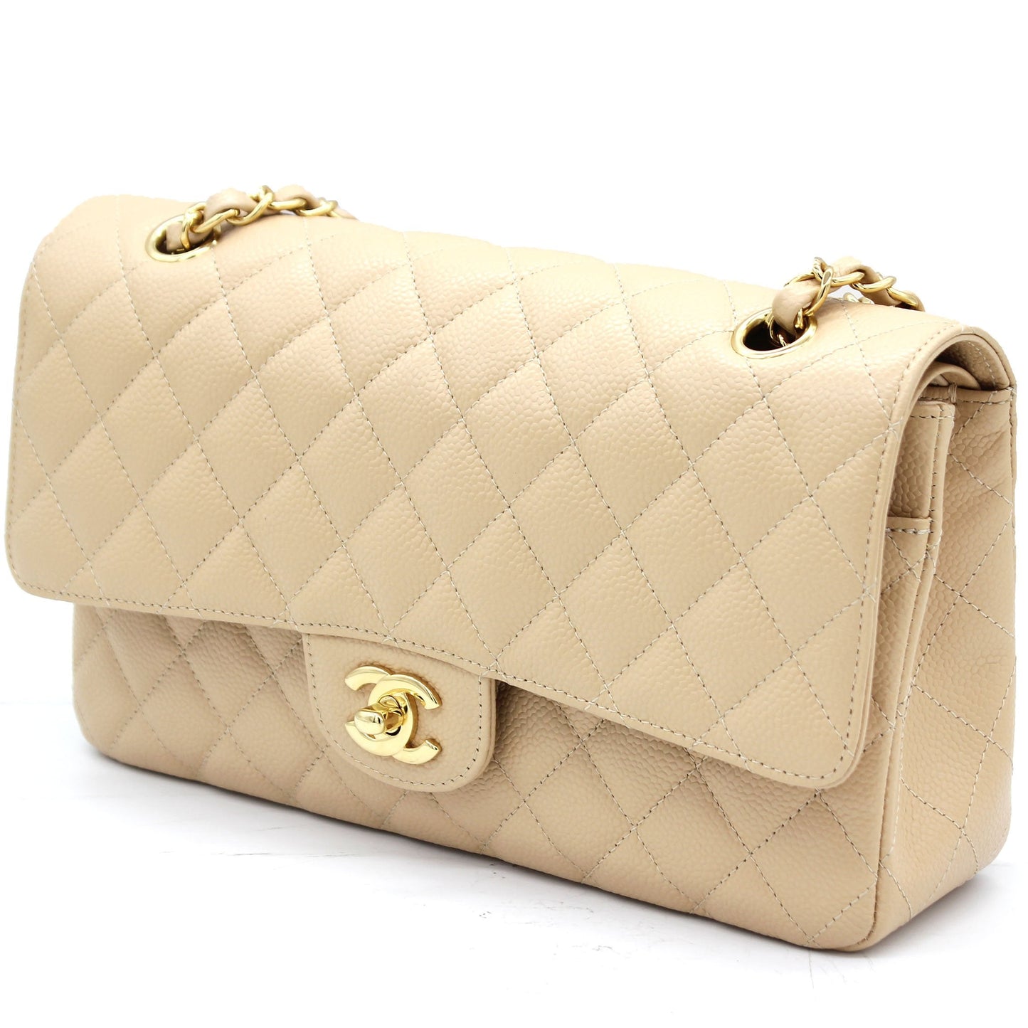 Beige Quilted Caviar Leather Classic Double Flap Bag