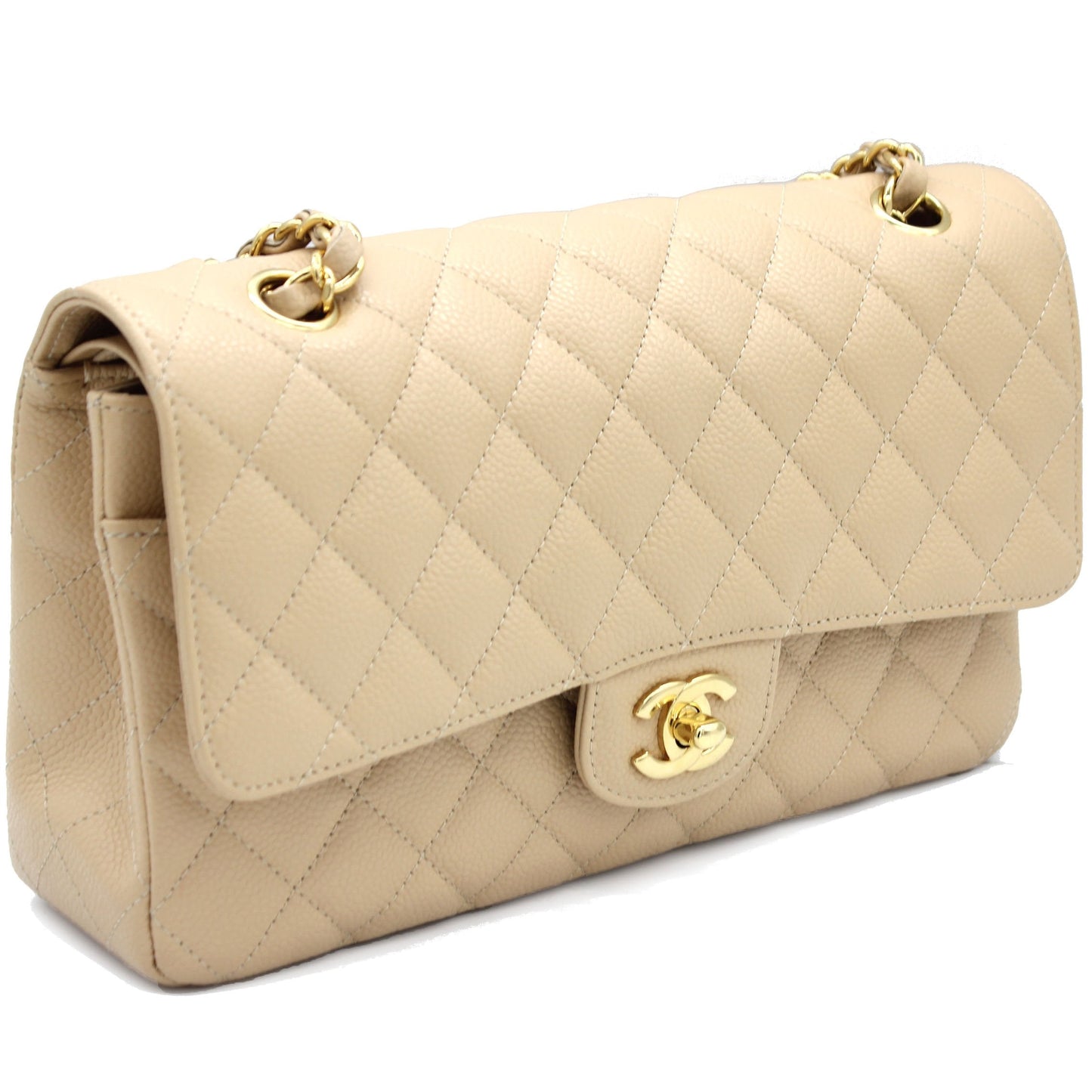 Beige Quilted Caviar Leather Classic Double Flap Bag