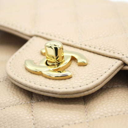 Beige Quilted Caviar Leather Classic Double Flap Bag