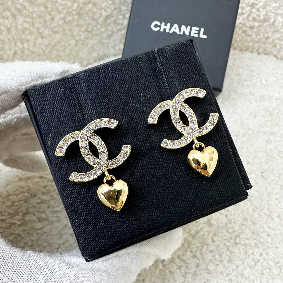 Chanel 23P Heart Dangling Earrings with Crystals in GHW