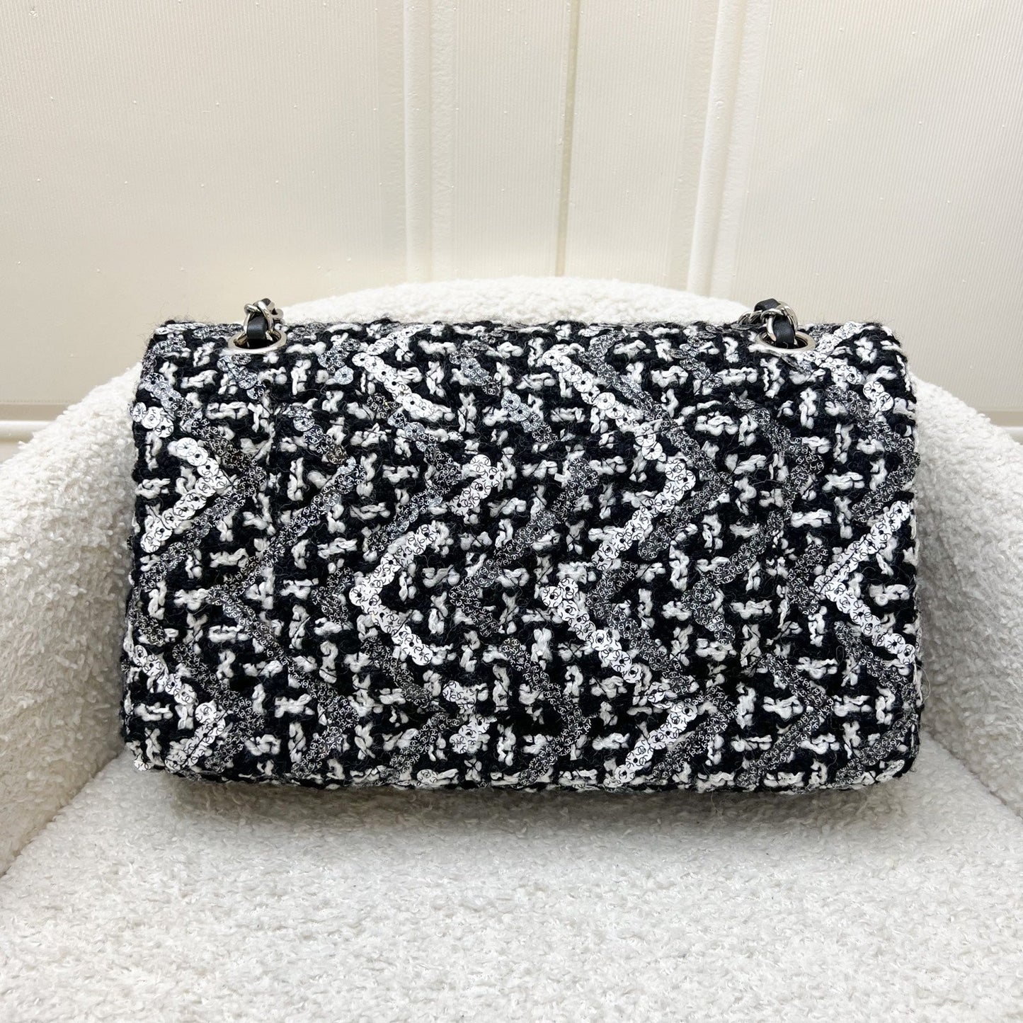 Chanel Medium Classic Flap CF in Tweed, Black and White Sequins and SHW