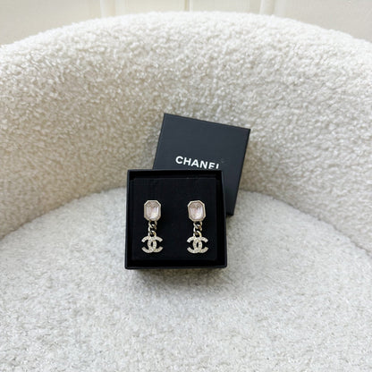 Chanel 22B Lilac Resin with Dangling Crystals Logo Earrings in AGHW