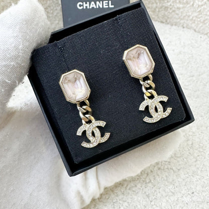 Chanel 22B Lilac Resin with Dangling Crystals Logo Earrings in AGHW