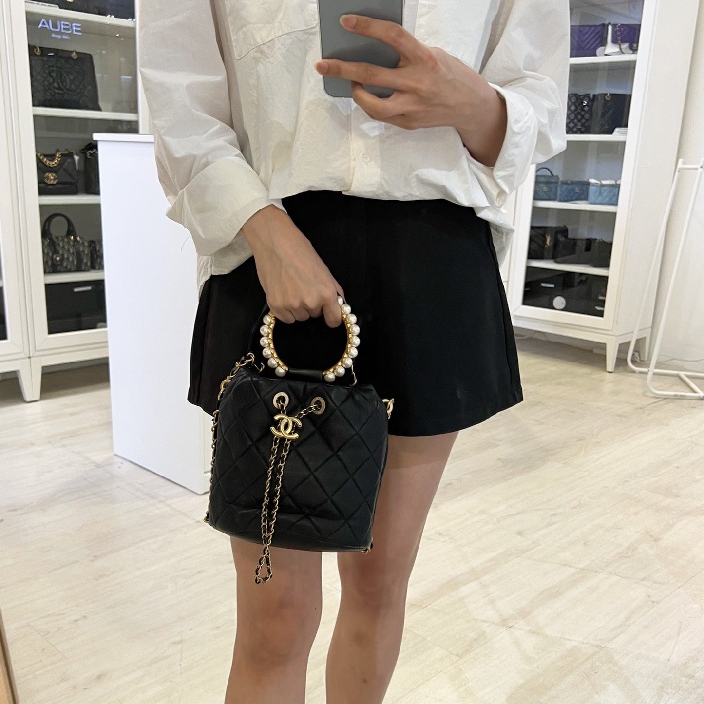 Chanel Pearl Handle Mini Drawstring Bucket Bag in Black Lambskin and AGHW (Model: AS2608)