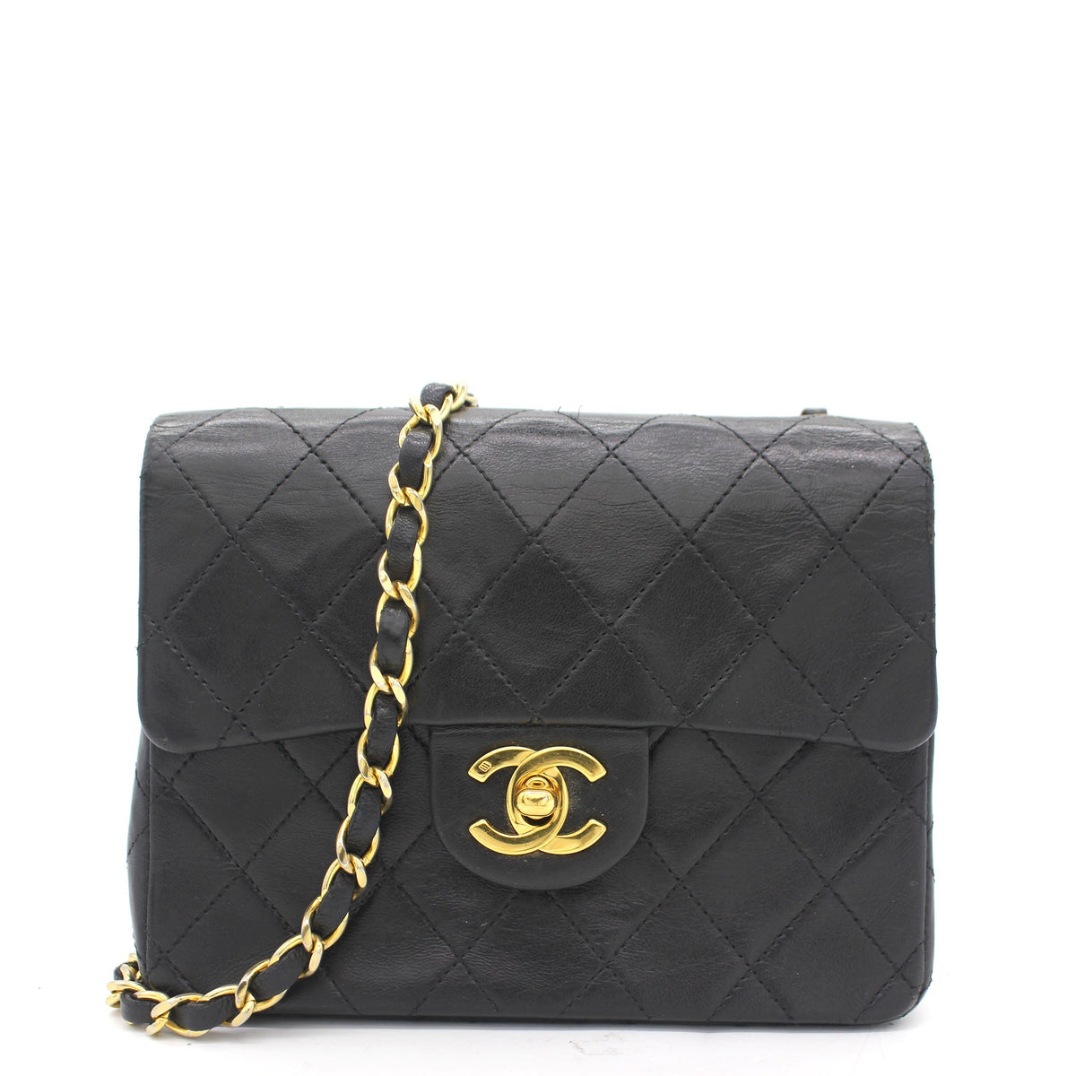 Vintage Black Quilted Leather Mini Square Classic Flap Bag