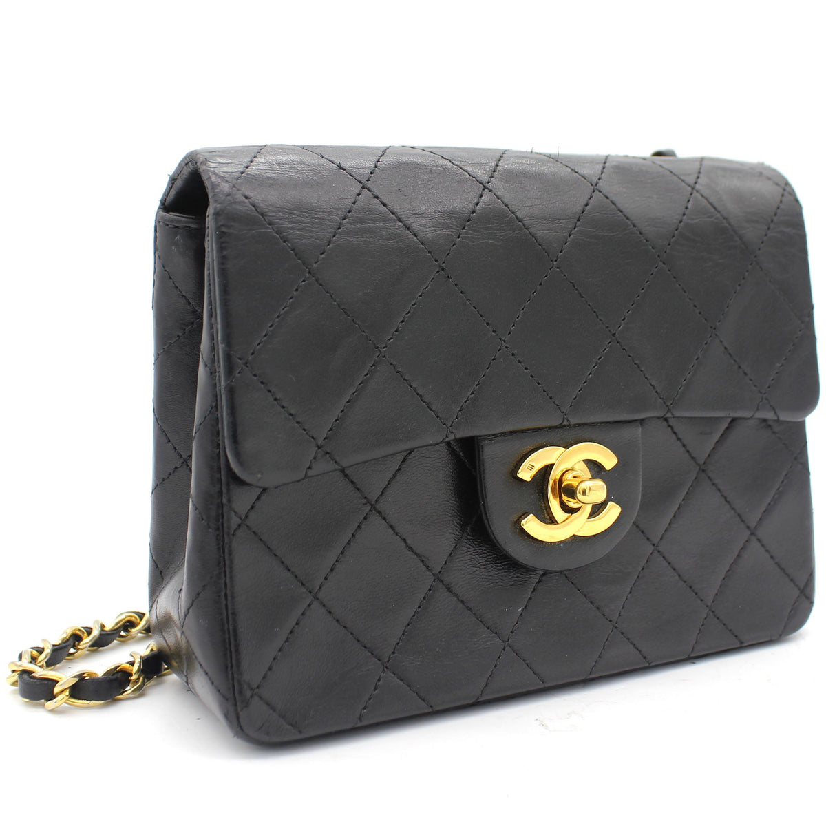 Vintage Black Quilted Leather Mini Square Classic Flap Bag