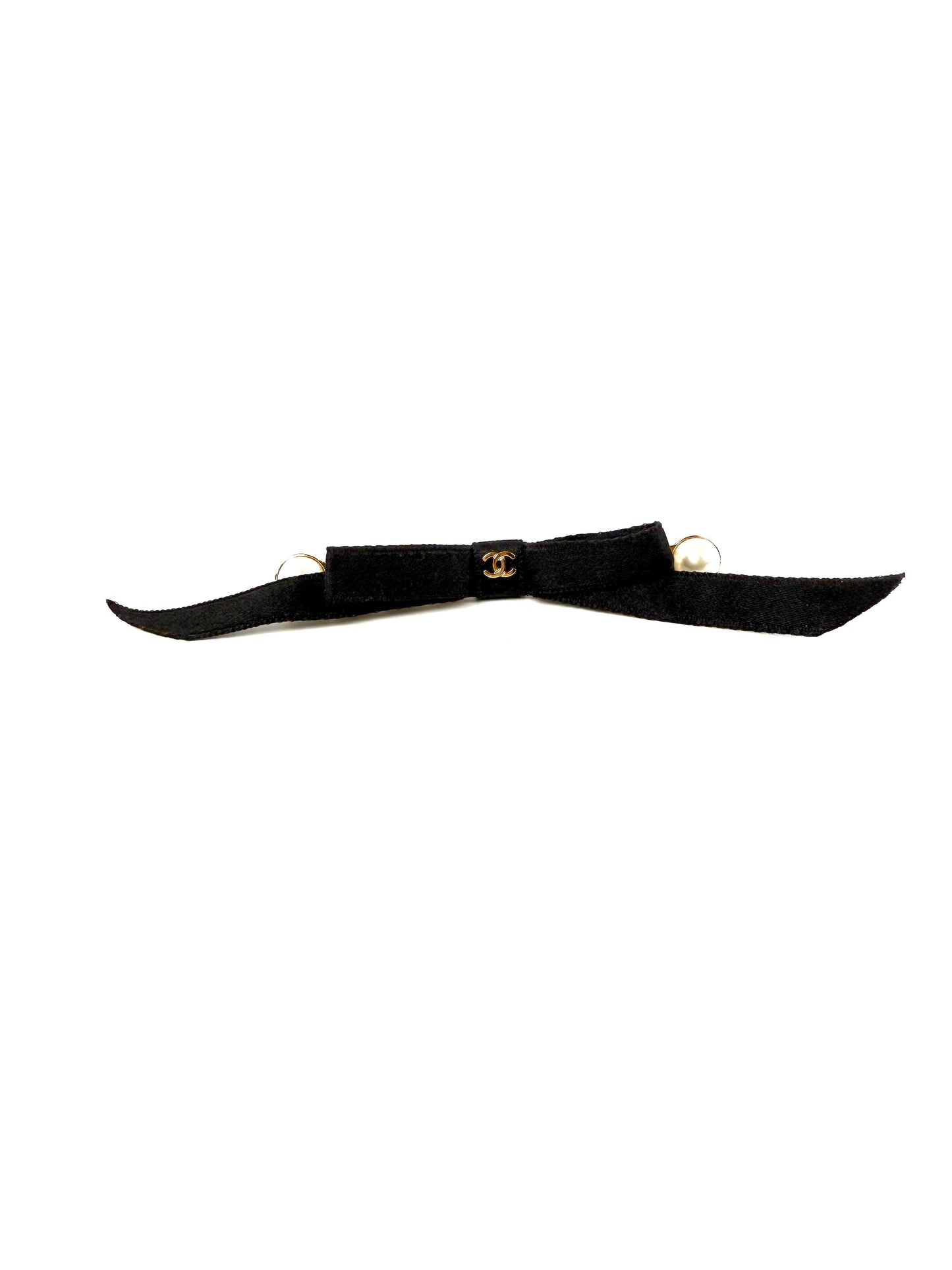 CHANEL Black Faux Pearl Bow CC Logo 2025 Gold hardware Hair Barrette Clip