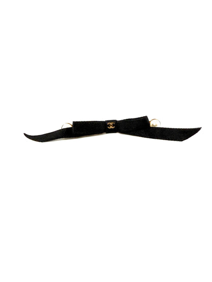 CHANEL Black Faux Pearl Bow CC Logo 2025 Gold hardware Hair Barrette Clip